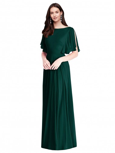 Affordable Soft Chiffon Ever Green A-Line Bateau Neck Long Maxi Evening Dress UK