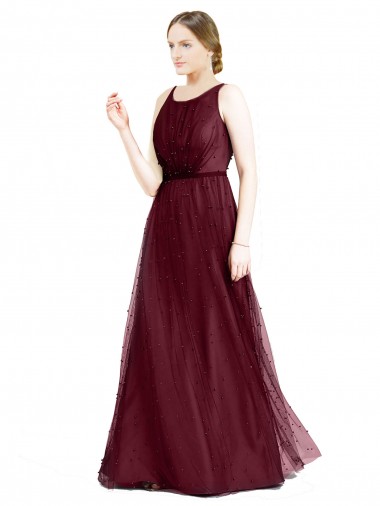 Affordable Tulle Burgundy A-Line Boat Neck Long Semi Formal Evening Dress UK