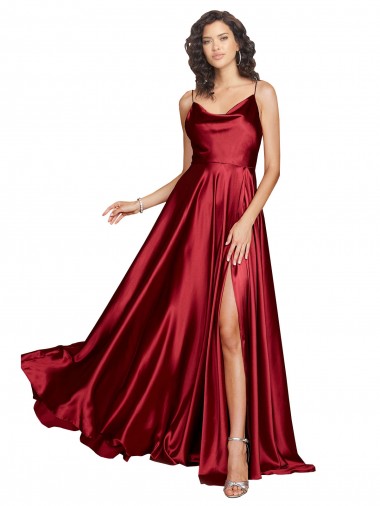 Affordable Silky Satin Burgundy A-Line Spaghetti Straps Long Sexy Evening Dress UK