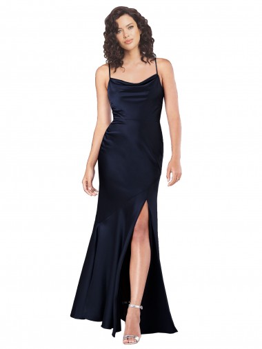 Affordable Silky Satin Dark Navy A-Line Cowl Neck Long Sexy Evening Dress UK