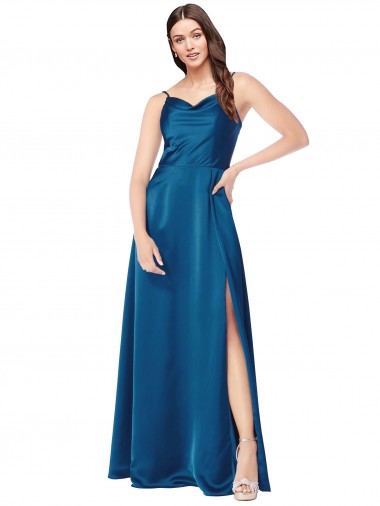 Affordable Silky Satin Peacock Blue A-Line Spaghetti Straps Long Evening Dress UK