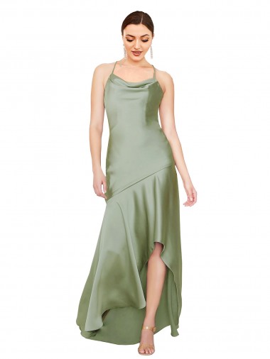 Affordable Silky Satin Smoke Green A-Line Cowl Neck Long Evening Dress UK