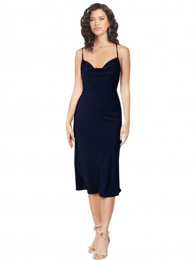 Affordable Silky Satin Dark Navy A-Line Spaghetti Straps Midi Length Evening Dress UK