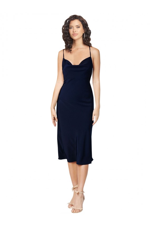 Affordable Silky Satin Dark Navy A-Line Spaghetti Straps Midi Length Evening Dress UK