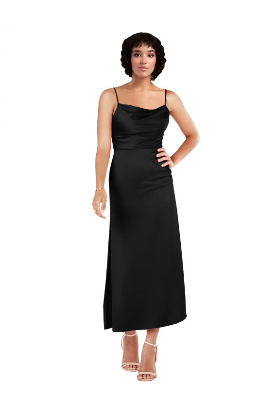 Affordable Silky Satin Black A-Line Spaghetti Straps Tea Length Wedding Party Dress UK