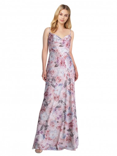 Affordable Stretch Satin & Floral A-Line Cowl Neck Long Evening Dress UK