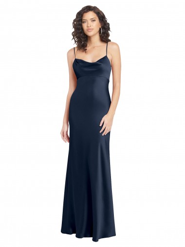 Affordable Stretch Satin Dark Navy A-Line Cowl Neck Long Wedding Party Dress UK