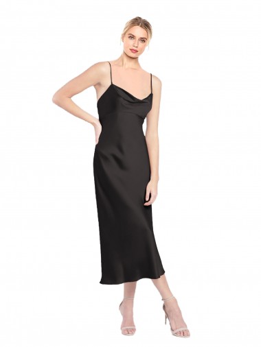 Affordable Stretch Satin Black A-Line Spaghetti Straps Midi Length Evening Dress UK