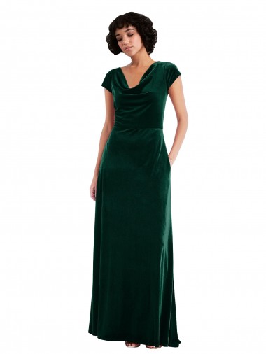 Affordable Stretch Velvet Dark Green A-Line Cowl Neck Long Maxi Evening Dress UK