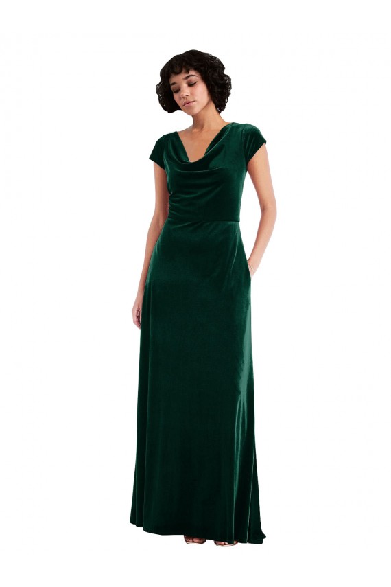 Affordable Stretch Velvet Dark Green A-Line Cowl Neck Long Maxi Evening Dress UK