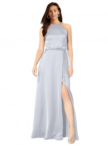 Affordable Silky Satin Fog A-Line Halter Neck Long Evening Dress UK