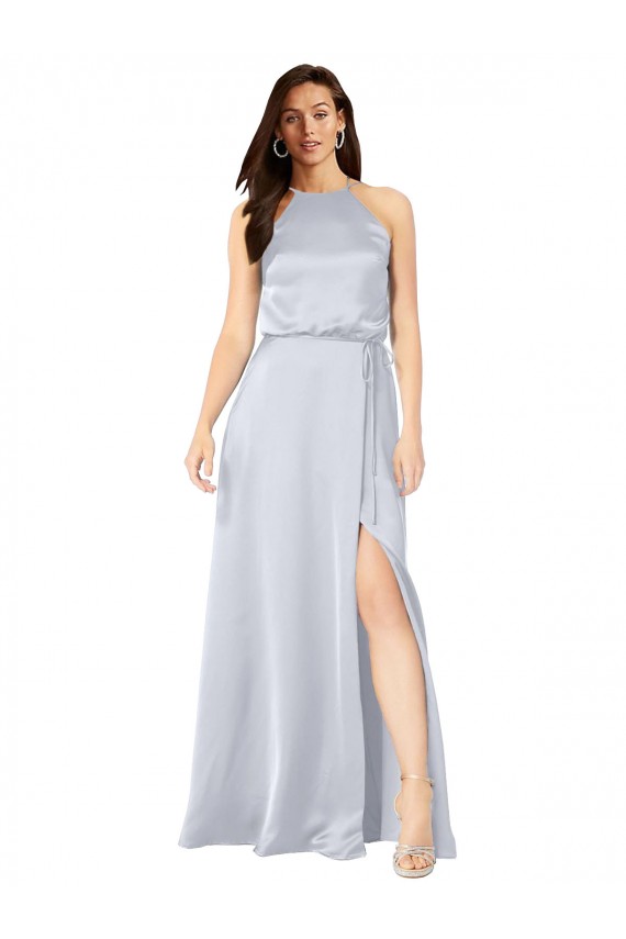 Affordable Silky Satin Fog A-Line Halter Neck Long Evening Dress UK