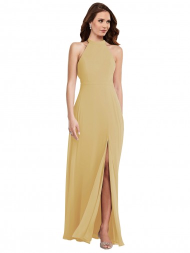 Affordable Soft Chiffon Gold A-Line Halter Neck Long Maxi Evening Dress UK