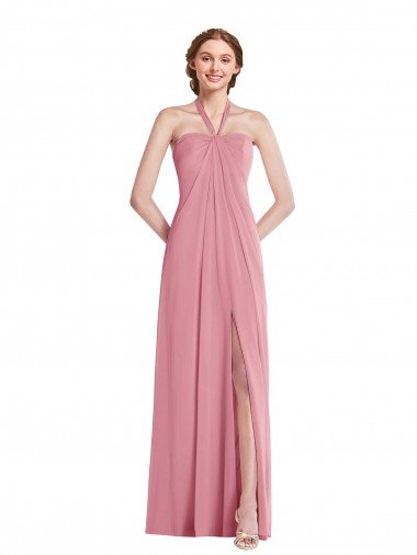 Affordable Soft Chiffon Skin Pink A-Line Halter Neck Long Maxi Evening Dress UK