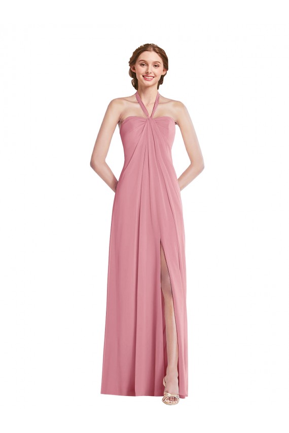 Affordable Soft Chiffon Skin Pink A-Line Halter Neck Long Maxi Evening Dress UK