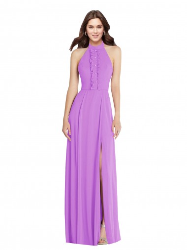 Affordable Soft Chiffon Violet A-Line Halter Neck Long Maxi Evening Dress UK