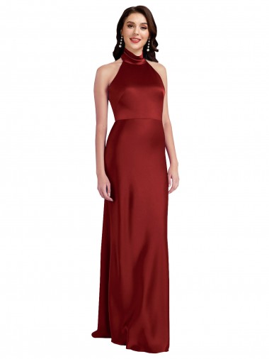 Affordable Stretch Satin Burgundy A-Line Halter Neck Long Evening Dress UK