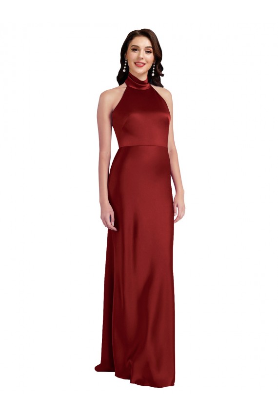 Affordable Stretch Satin Burgundy A-Line Halter Neck Long Evening Dress UK