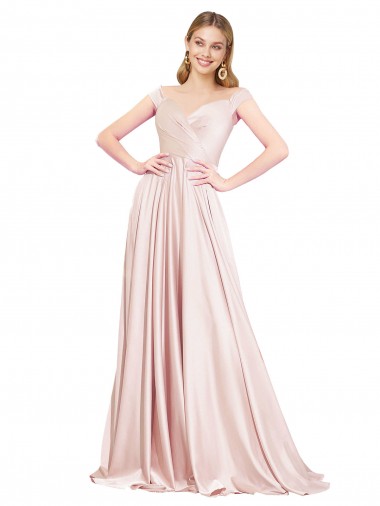 Affordable Satin Pink A-Line Off the Shoulder Long Evening Dresses UK