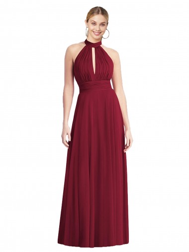 Affordable Soft Chiffon Burgundy A-Line Halter Neck Long Maxi Evening Dress UK