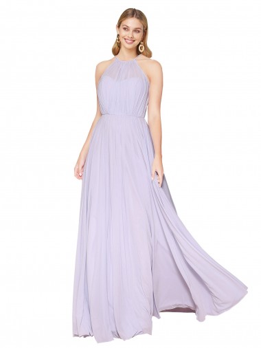 Affordable Soft Chiffon Lilac A-Line Halter Neck Long Wedding Party Dress UK