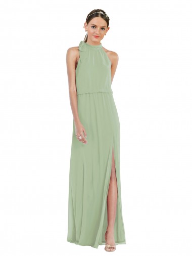 Affordable Soft Chiffon Smoke Green A-Line High Neck Long Maxi Evening Dress UK