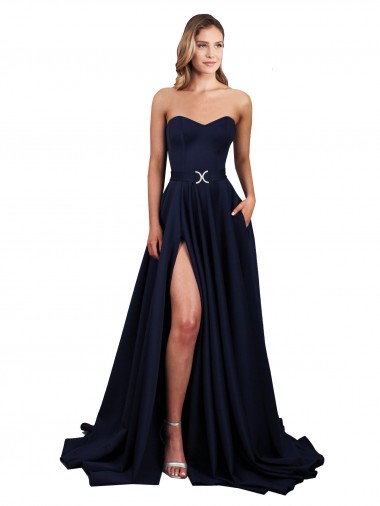 Affordable Stretch Crepe Dark Navy A-Line Sweetheart Long Evening Dress UK