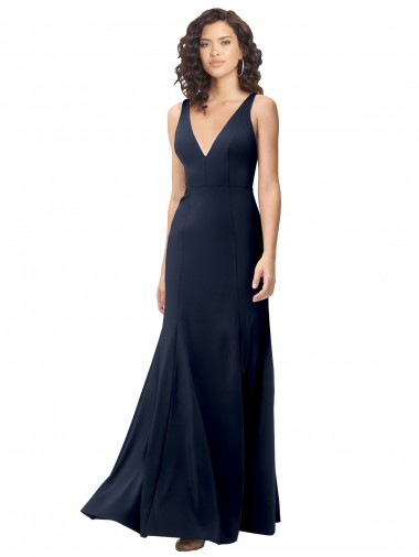 Affordable Stretch Crepe Dark Navy A-Line V-Neck Long Evening Dress UK