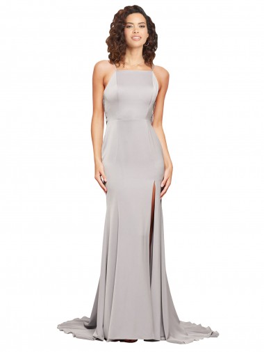 Affordable Stretch Satin A-Line High Neck Sweep Train Evening Dresses UK