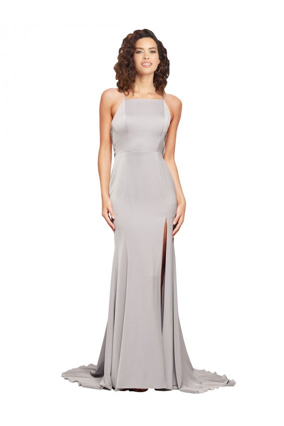 Affordable Stretch Satin A-Line High Neck Sweep Train Evening Dresses UK