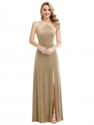 Affordable Stretch Velvet Champagne A-Line Halter Neck Long Maxi Evening Dress UK