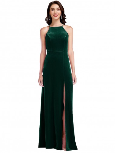 Affordable Stretch Velvet Dark Green A-Line Halter Neck Long Maxi Evening Dress UK