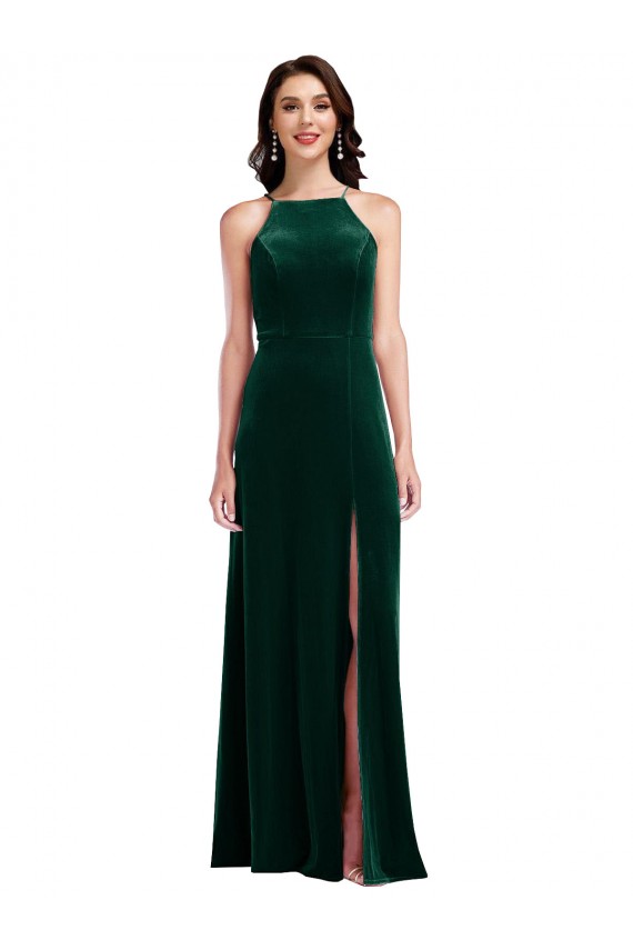 Affordable Stretch Velvet Dark Green A-Line Halter Neck Long Maxi Evening Dress UK