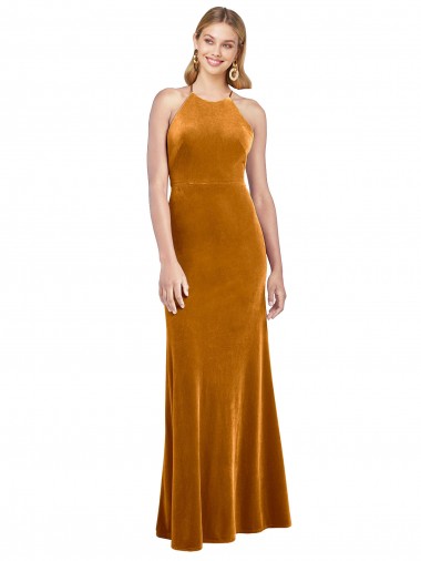 Affordable Stretch Velvet Gold A-Line Halter Neck Long Evening Dress UK