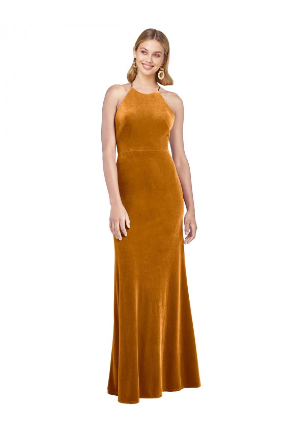 Affordable Stretch Velvet Gold A-Line Halter Neck Long Evening Dress UK