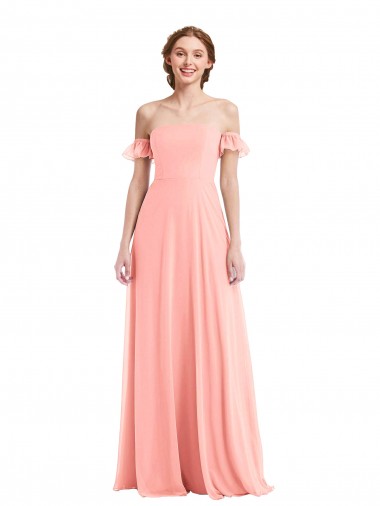 Affordable Soft Chiffon Salmon A-Line Off the Shoulder Long Maxi Evening Dress UK