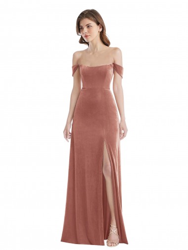 Affordable Stretch Velvet Cinnamon Rose A-Line Off the Shoulder Long Maxi Evening Dress UK