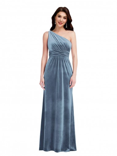 Affordable Stretch Velvet Dusty Blue A-Line Off the Shoulder Long Maxi Wedding Party Dress UK