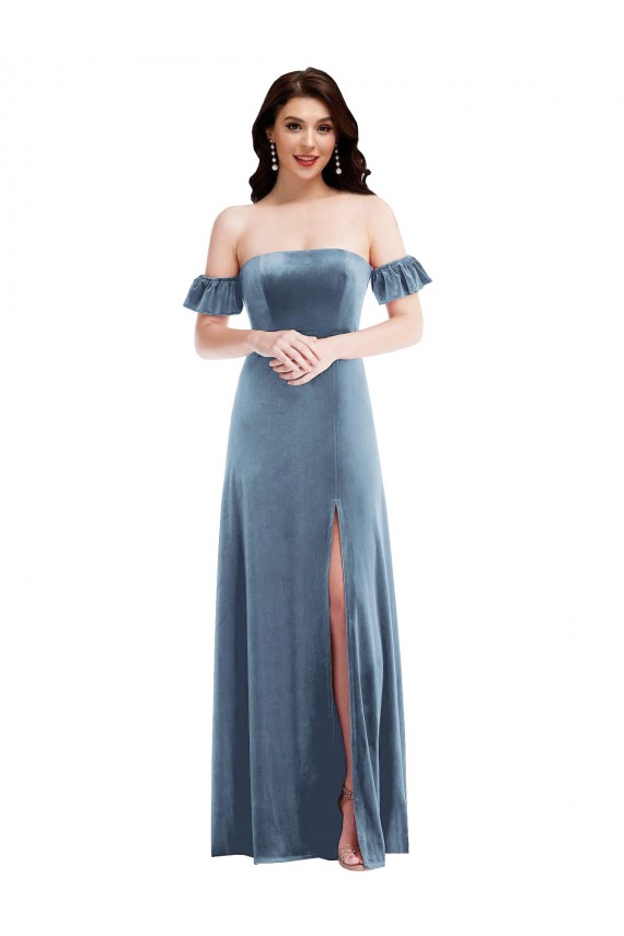 Affordable Stretch Velvet Dusty Blue A-Line Off the Shoulder Long Semi Formal Evening Dress UK