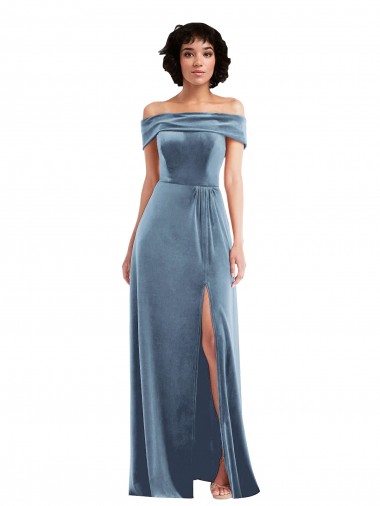 Affordable Stretch Velvet Dusty Blue A-Line Off the Shoulder Long Maxi Evening Dress UK