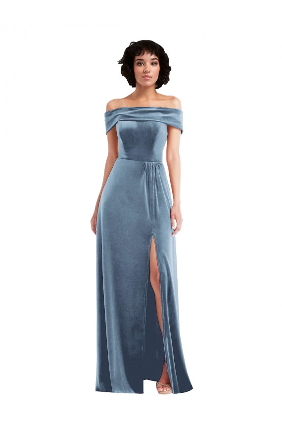 Affordable Stretch Velvet Dusty Blue A-Line Off the Shoulder Long Maxi Evening Dress UK