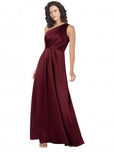 Affordable Silky Satin Burgundy A-Line One Shoulder Long Evening Dress UK