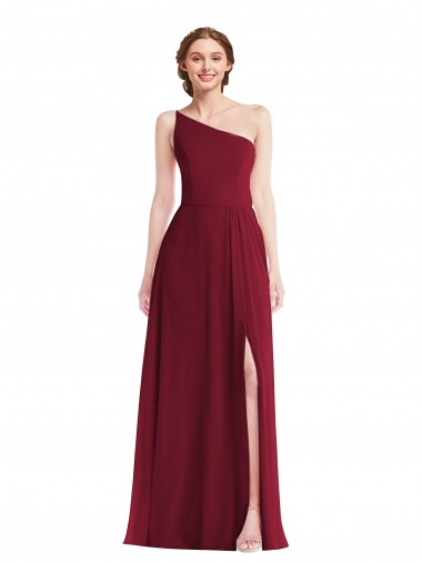 Affordable Soft Chiffon Burgundy A-Line One Shoulder Long Maxi Wedding Party Dress UK