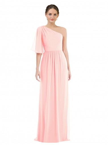 Affordable Soft Chiffon Pink A-Line One Shoulder Long Maxi Evening Dress UK