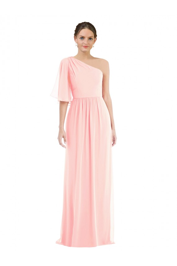 Affordable Soft Chiffon Pink A-Line One Shoulder Long Maxi Evening Dress UK