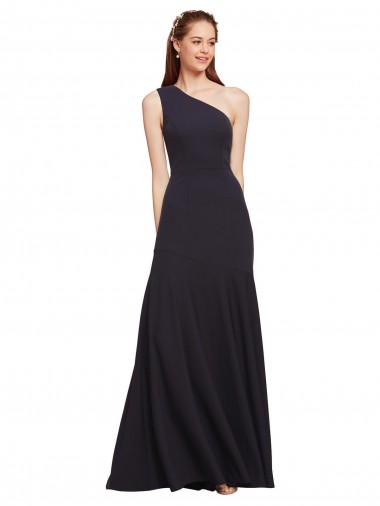 Affordable Stretch Crepe Dark Navy A-Line One Shoulder Long Evening Dresses UK