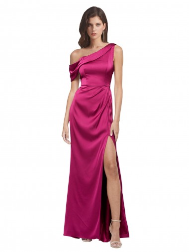 Affordable Stretch Satin Fuchsia A-Line One Shoulder Long Sleeveless Evening Dress UK