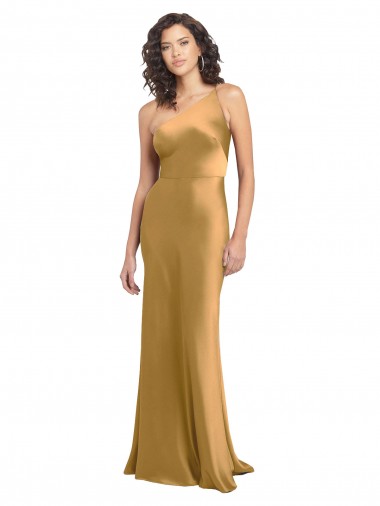 Affordable Stretch Satin Gold A-Line One Shoulder Long Evening Dress UK