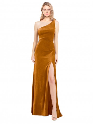 Affordable Stretch Velvet Gold A-Line One Shoulder Long Evening Dress UK