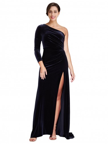 Affordable Stretch Velvet Dark Navy A-Line One Shoulder Sweep Train Evening Dress UK